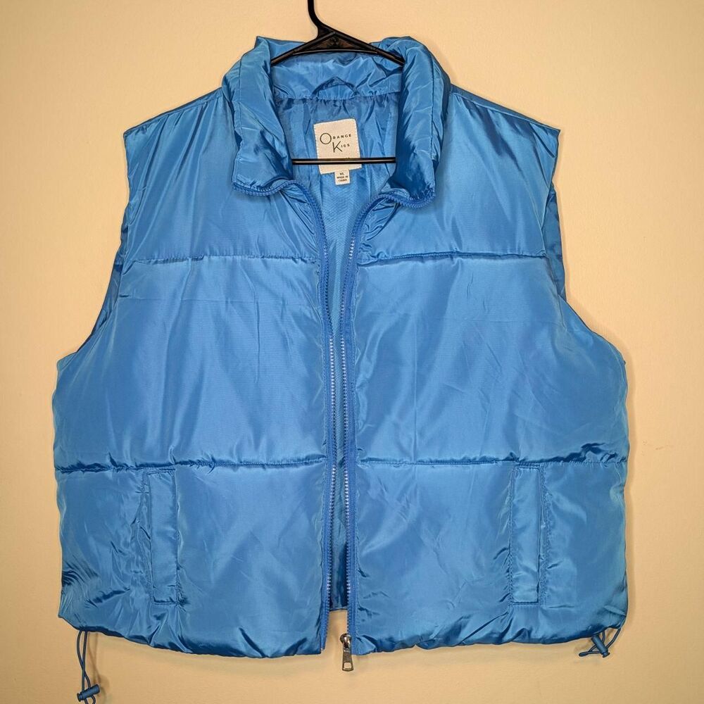 Orange Kiss Blue Cropped Puffer Vest Y2K Après Ski